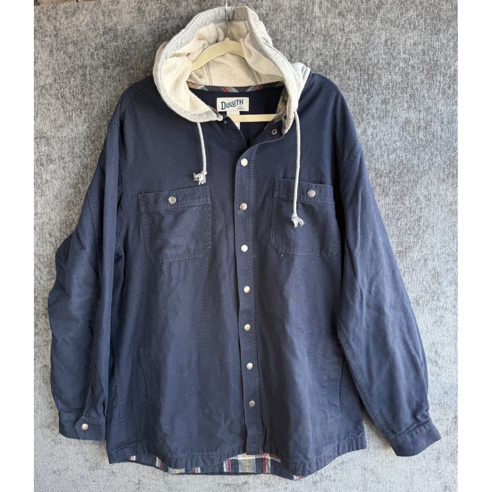Duluth Trading Co Fire Hose Limber Jacket Mens XL Navy Blue Flannel Lined Hooded